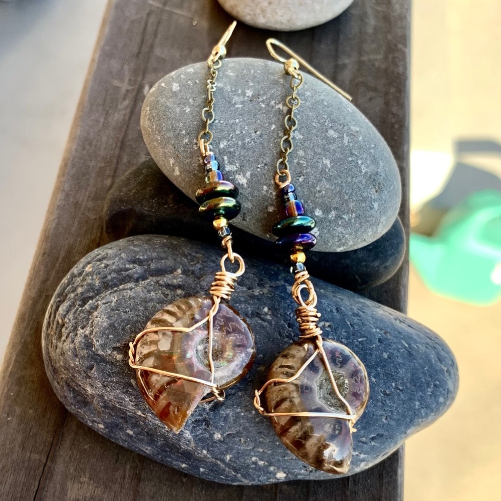 Polished Ammonite Dangle Earrings